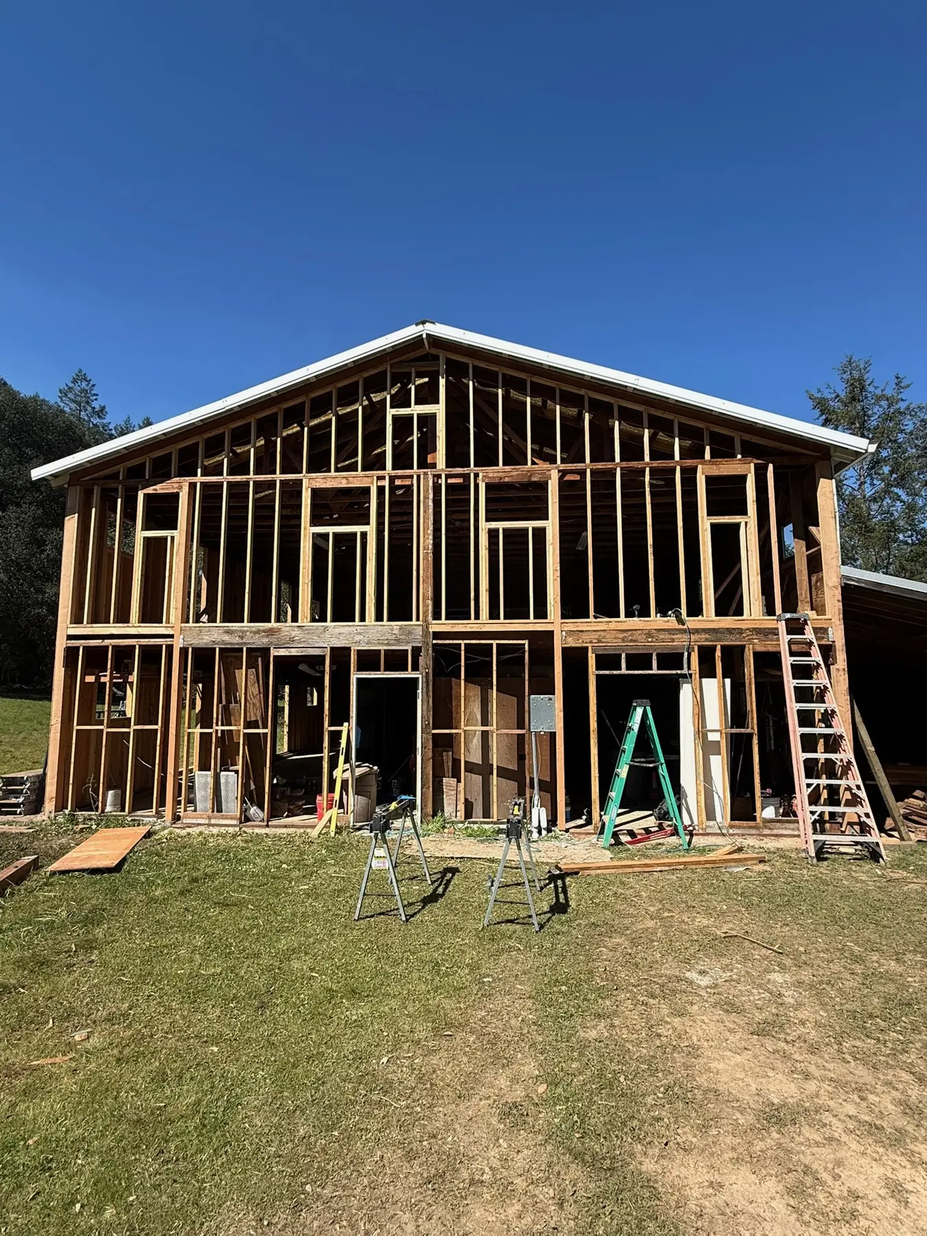 Reframed exterior walls on the two-story Anderson Valley building