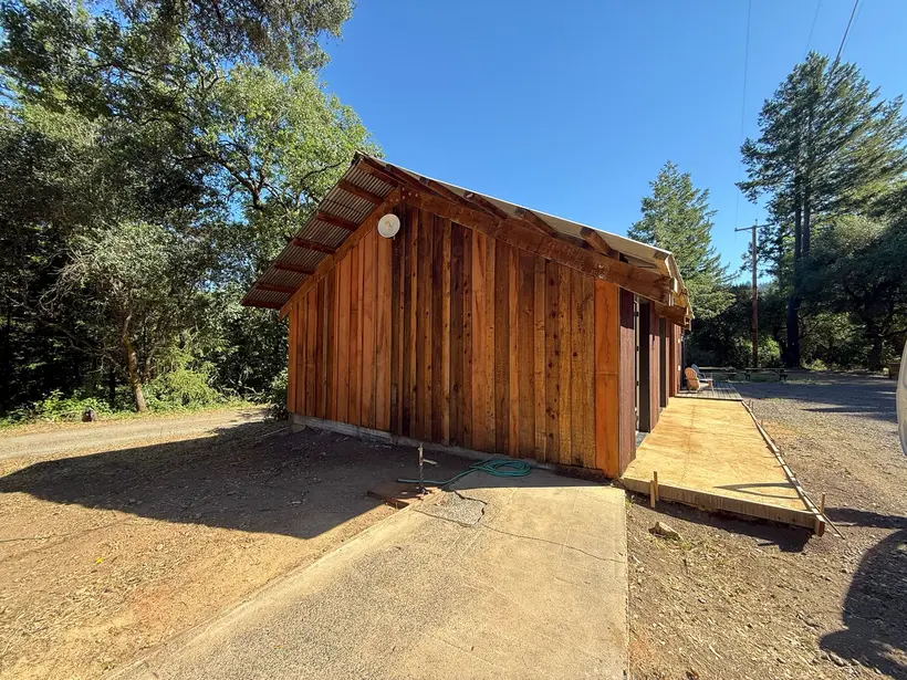 Redwood-sided exterior of Poleeko Basecamp Unit 2
